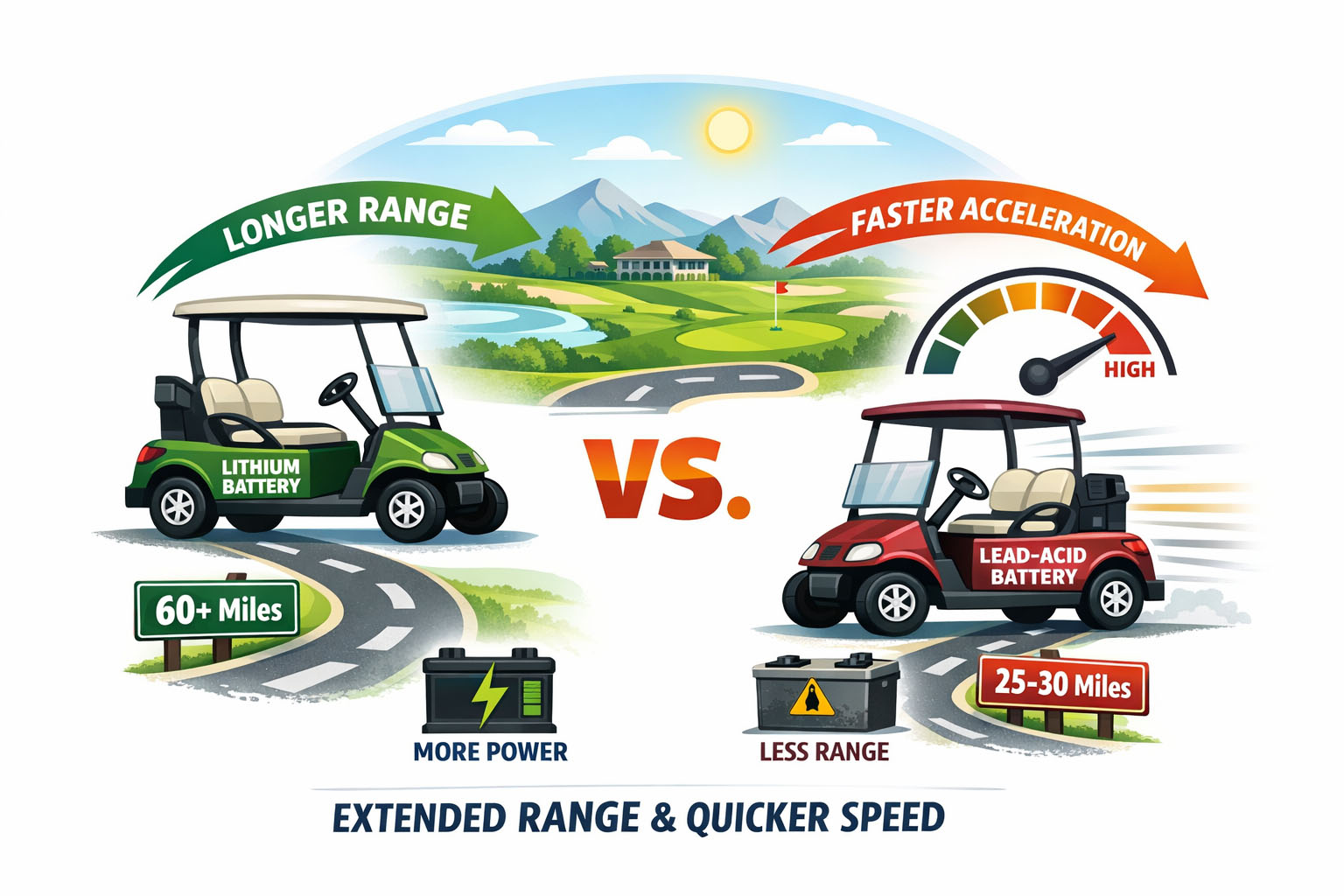 Comparison diagram showing lithium and lead-acid golf cart battery performance, highlighting longer driving range and stronger power delivery for lithium battery systems in golf carts.